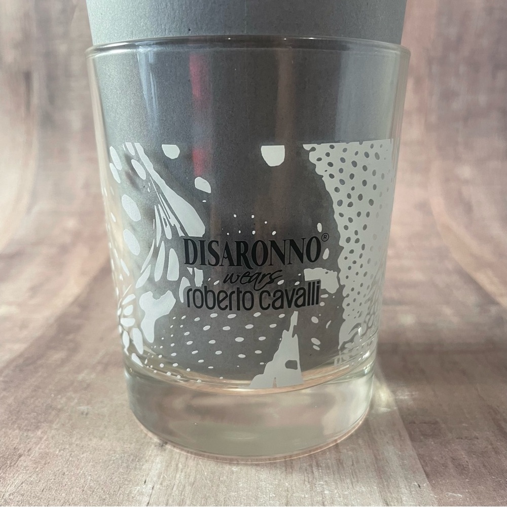 DISARONNO WEARS ROBERTO CAVALLI  4"  TALL Low Ball Glass Animal Print White